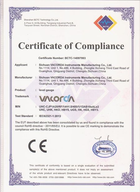 Chine Sichuan Vacorda Instruments Manufacturing Co., Ltd certifications
