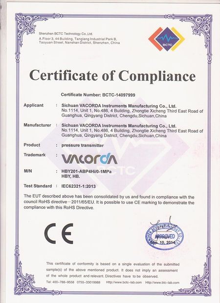 Chine Sichuan Vacorda Instruments Manufacturing Co., Ltd certifications
